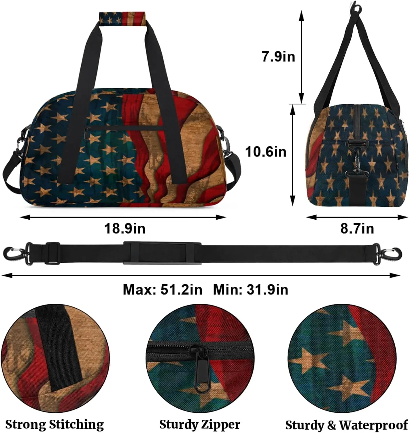 American USA Flag Vintage Small Gym Bag for Women Men, Travel Duffle Bag Workout Dance Tote Bag Carry On Overnight Weekender Bag