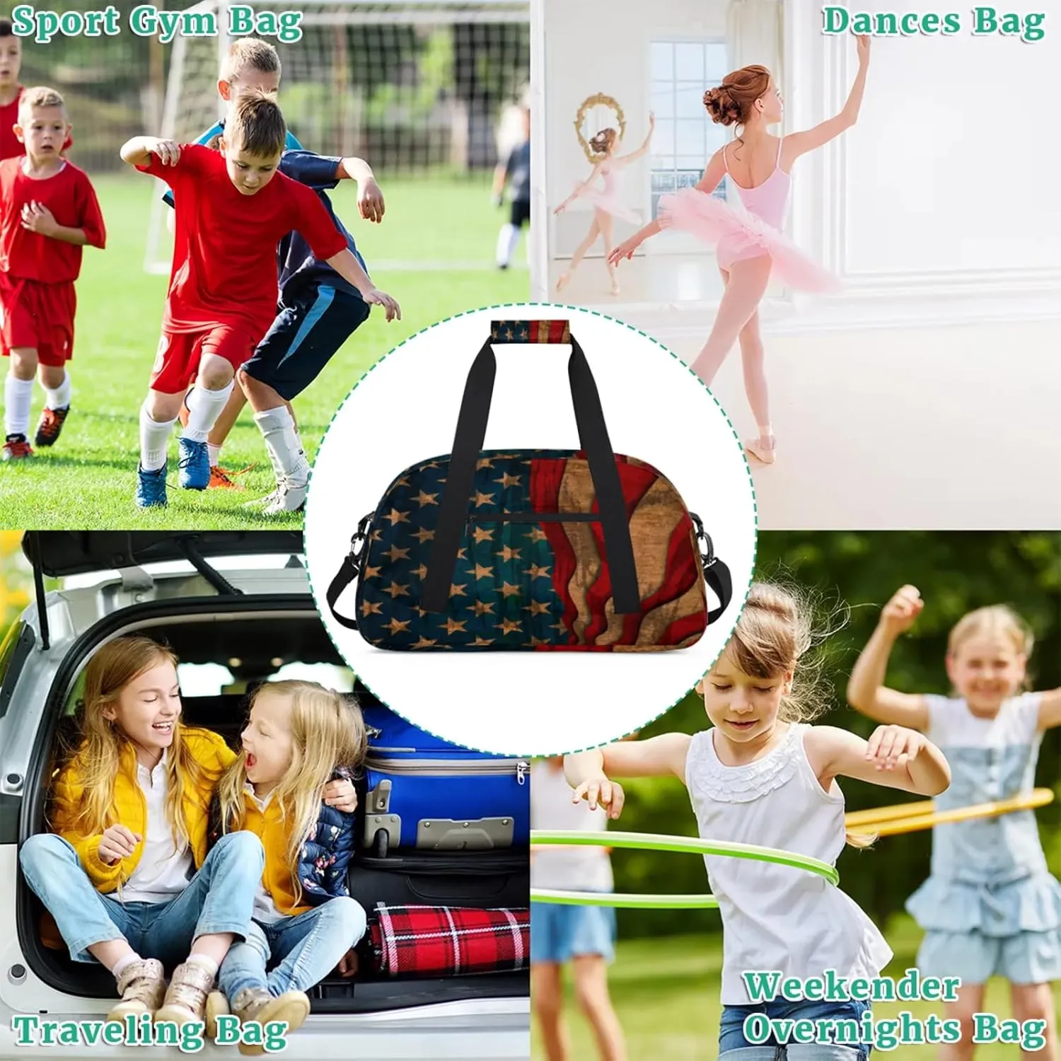 American USA Flag Vintage Small Gym Bag for Women Men, Travel Duffle Bag Workout Dance Tote Bag Carry On Overnight Weekender Bag