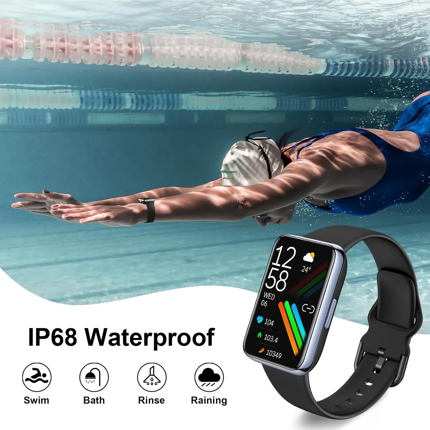 Amzhero Health Fitness Tracker 2024 with 24/7 Heart Rate, Blood Oxygen, Blood Pressure, Sleep Tracker, IP68 Waterproof Activity Trackers with Step Tracker, Pedometer (S & L Bands Included)
