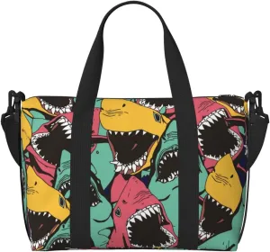 Angry Shark Pattern Travel Bag Weekender Bags for Women Men Carry on Overnight Bag Tote Bag Yoga Gym Bag With Adjustable Straps for Gym, Work, Personal Items