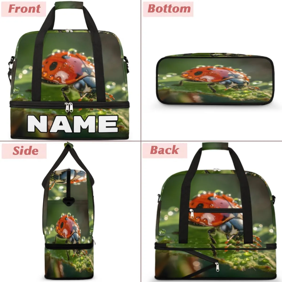 Animal Ladybugs Custom Foldable Duffle Bag with Shoes Compartment Personalized Large Capacity Waterproof Travel Weekender Bag Overnight Bag for Sports Gym