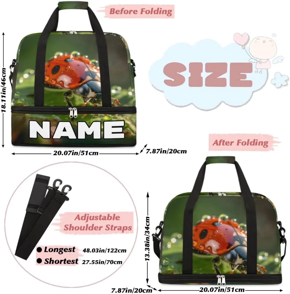 Animal Ladybugs Custom Foldable Duffle Bag with Shoes Compartment Personalized Large Capacity Waterproof Travel Weekender Bag Overnight Bag for Sports Gym