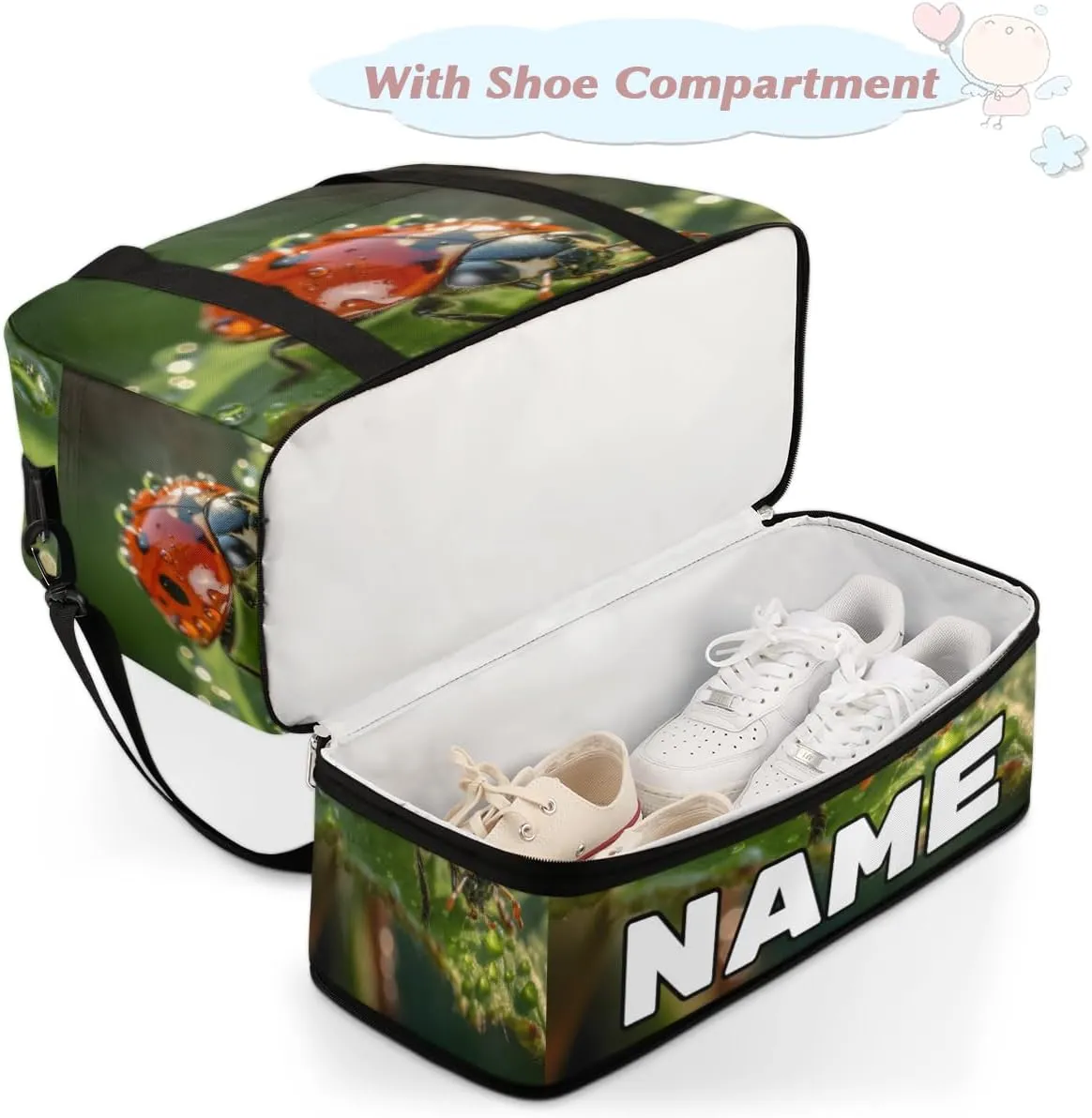 Animal Ladybugs Custom Foldable Duffle Bag with Shoes Compartment Personalized Large Capacity Waterproof Travel Weekender Bag Overnight Bag for Sports Gym