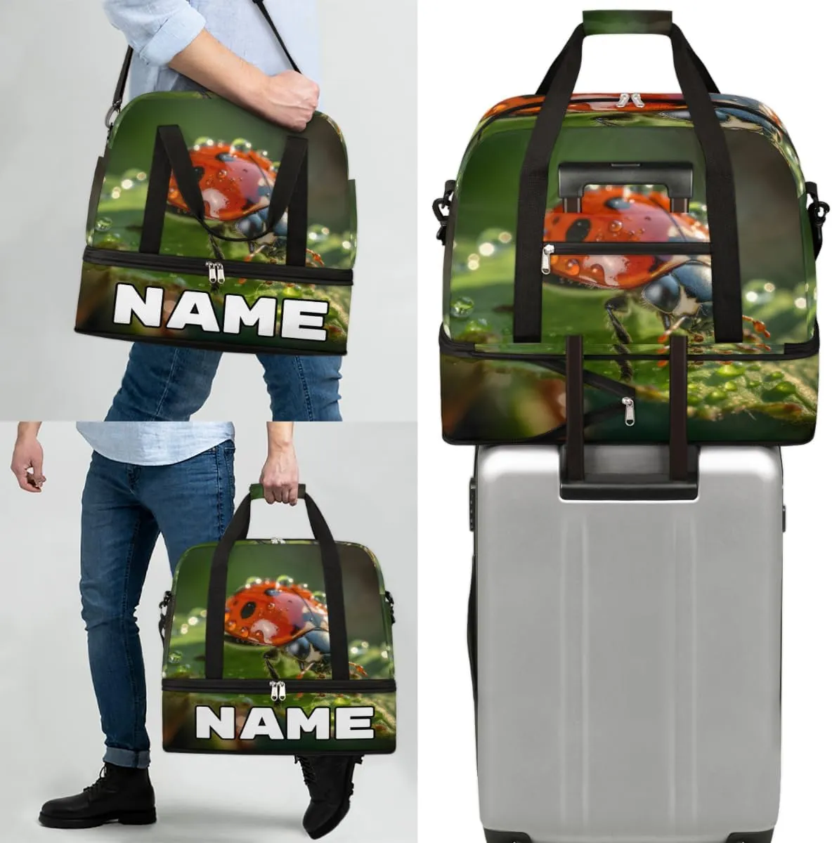 Animal Ladybugs Custom Foldable Duffle Bag with Shoes Compartment Personalized Large Capacity Waterproof Travel Weekender Bag Overnight Bag for Sports Gym