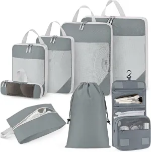 Anjing Compression Packing Cubes Set, 8 Set Travel Organizer Bags with Nylon Fabric, Zipper Closure, Gray - Includes Clothing, Underwear, Cosmetic, Shoe, Drawstring Bags for Luggage Organization
