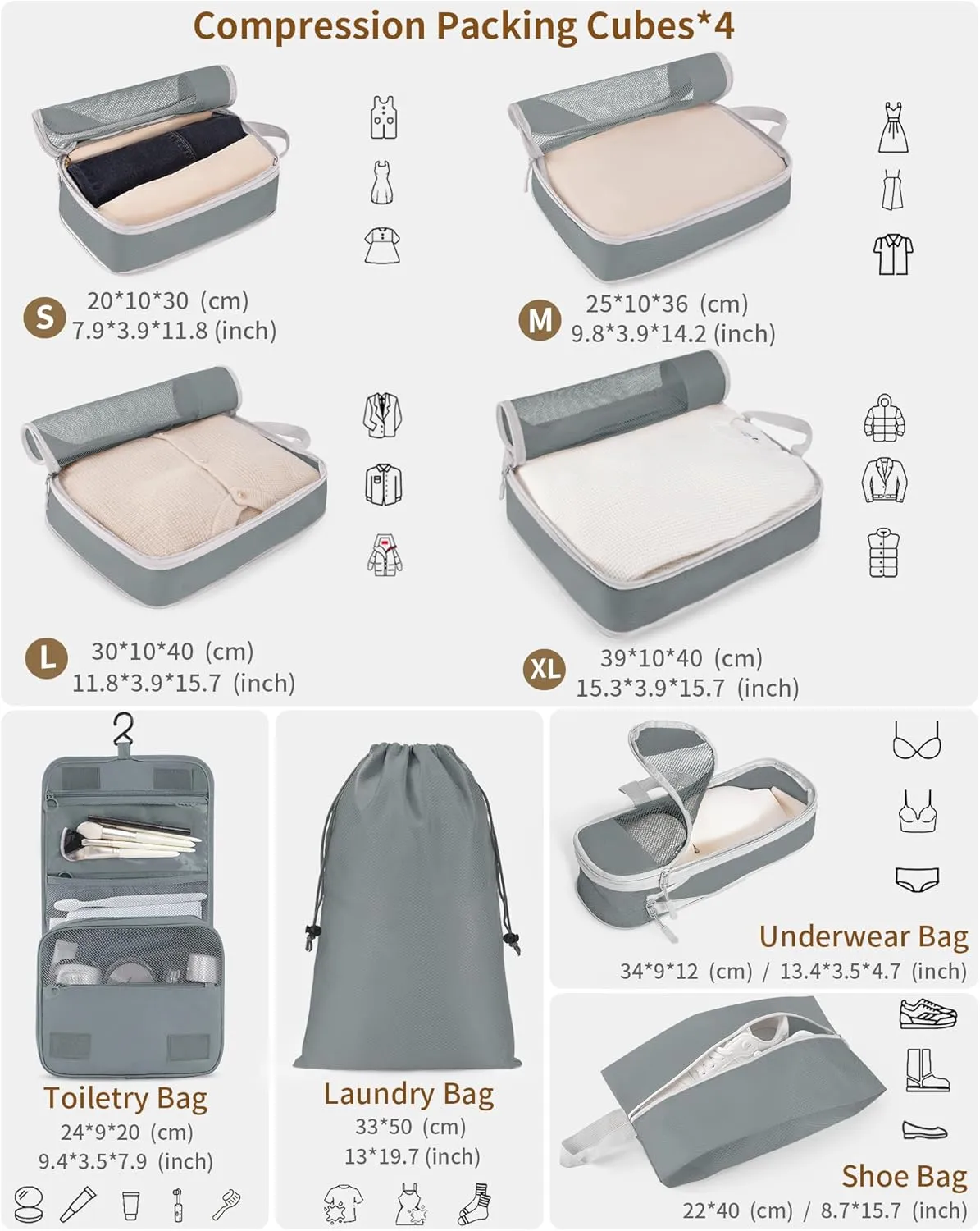 Anjing Compression Packing Cubes Set, 8 Set Travel Organizer Bags with Nylon Fabric, Zipper Closure, Gray - Includes Clothing, Underwear, Cosmetic, Shoe, Drawstring Bags for Luggage Organization