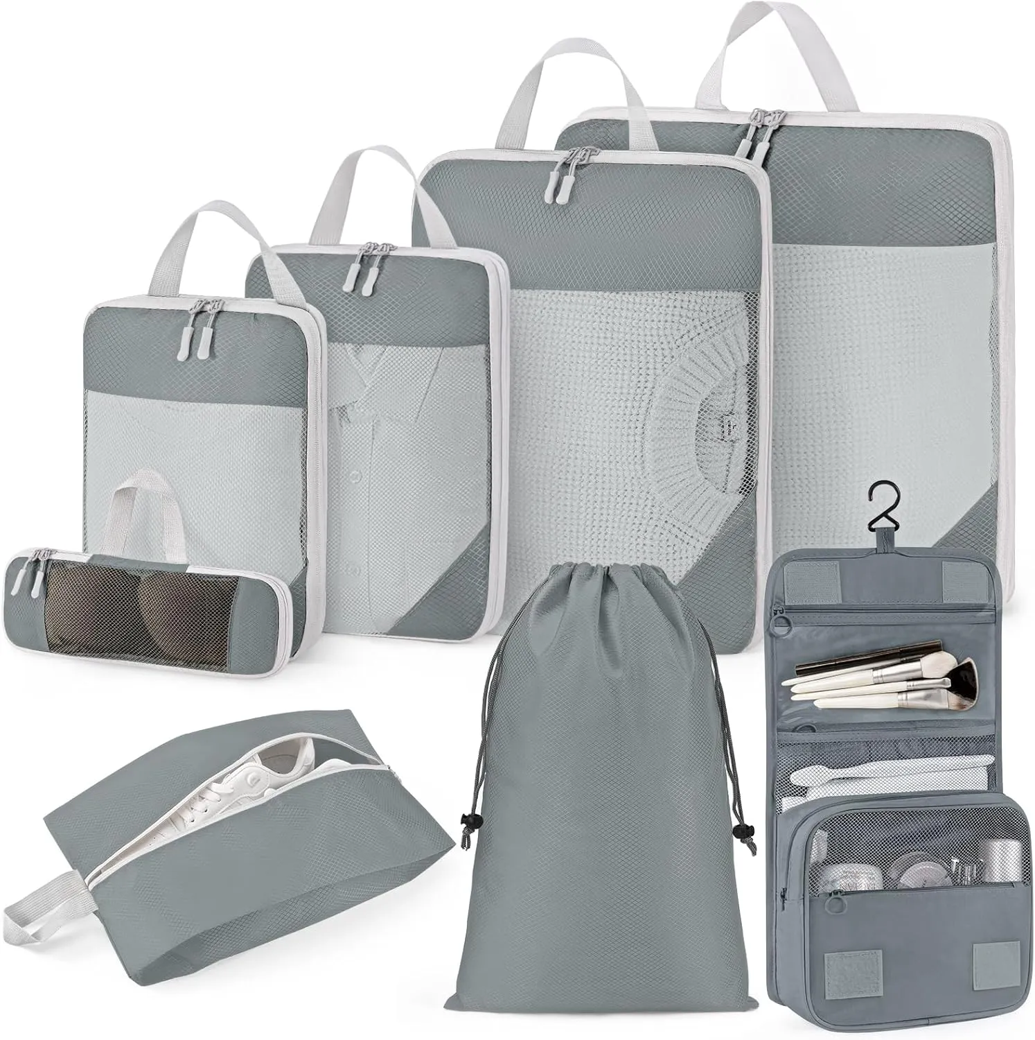 Anjing Compression Packing Cubes Set, 8 Set Travel Organizer Bags with Nylon Fabric, Zipper Closure, Gray - Includes Clothing, Underwear, Cosmetic, Shoe, Drawstring Bags for Luggage Organization