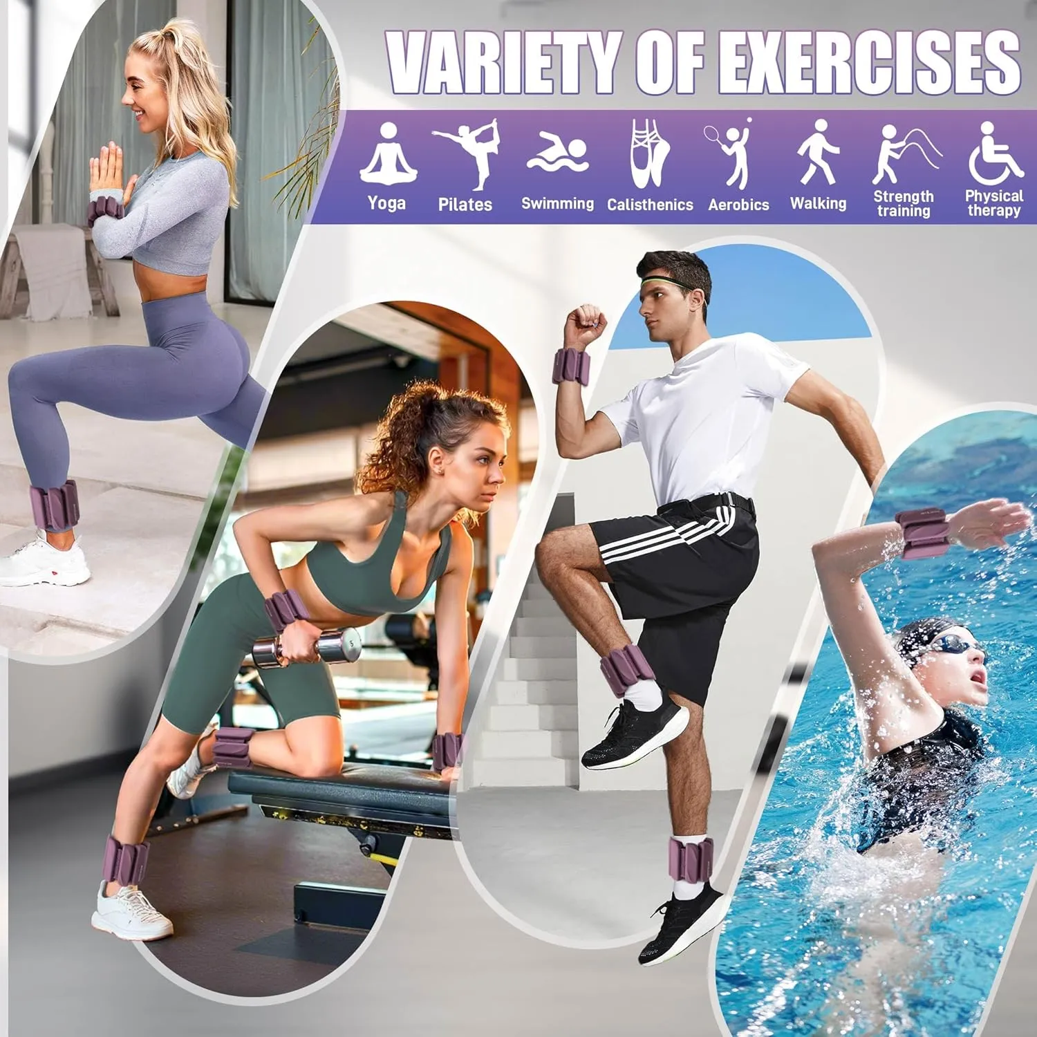 Ankle Weights Set of 2(1 lb/2 lbs Each) for Women Men Adjustable Wrist Bracelet for Home Gym Weighted Bangles Wristbands Leg Arm Weights for Walking Swimming Running Pilates Yoga Gym