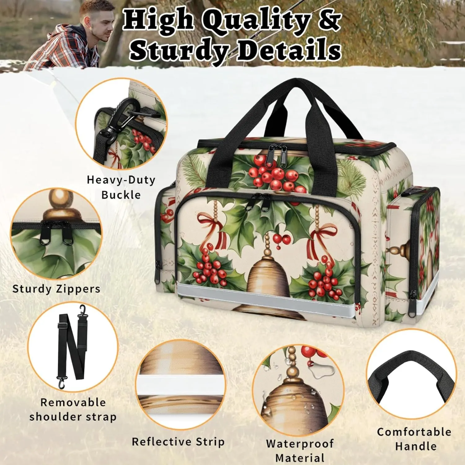 Anti-Scratch Duffle Bag for Travel 25x17.7x11.2 Inch - Waterproof Duffel Bag for Camping Fitness, Durable EMS Gear for First Responders Christmas Bell Red Berry