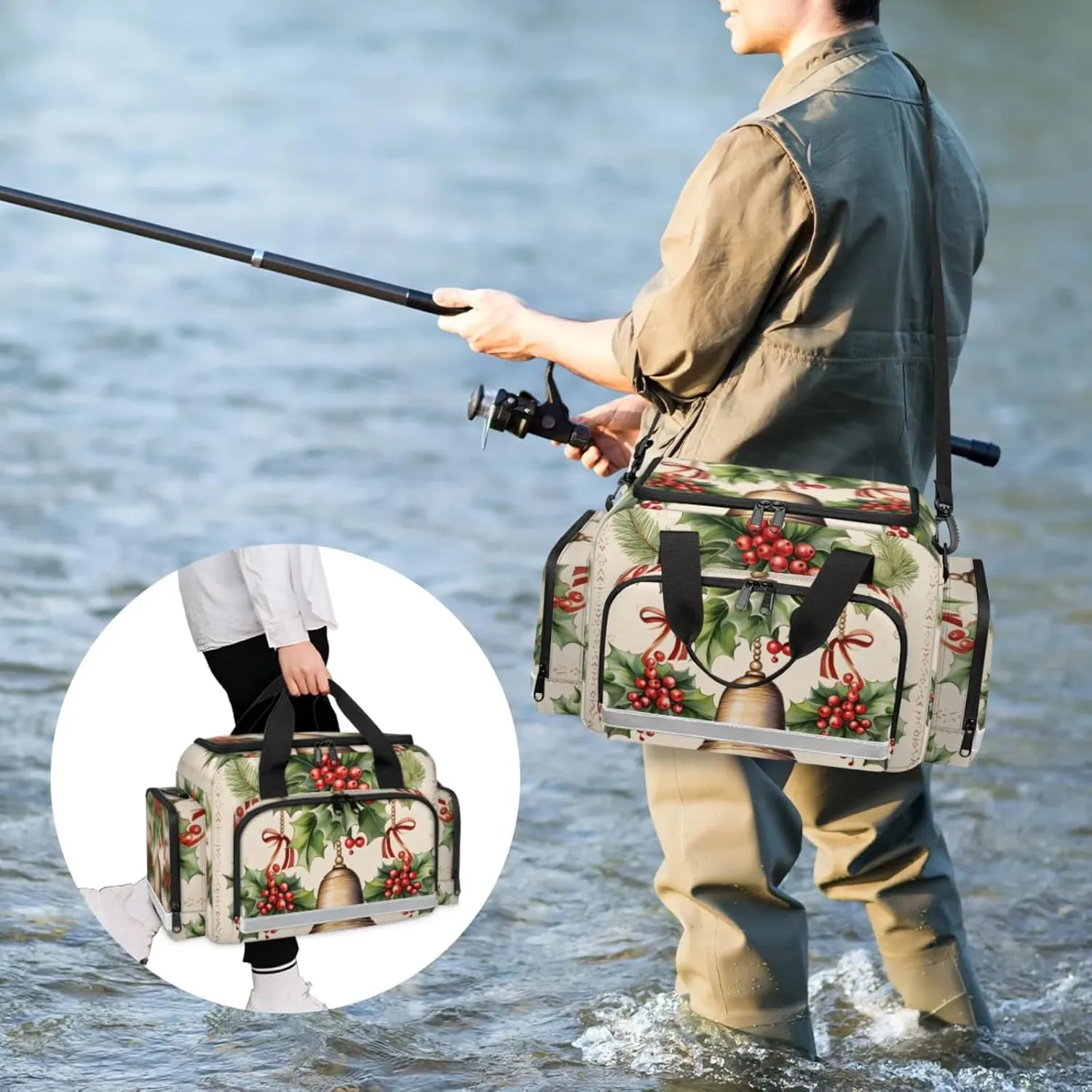 Anti-Scratch Duffle Bag for Travel 25x17.7x11.2 Inch - Waterproof Duffel Bag for Camping Fitness, Durable EMS Gear for First Responders Christmas Bell Red Berry