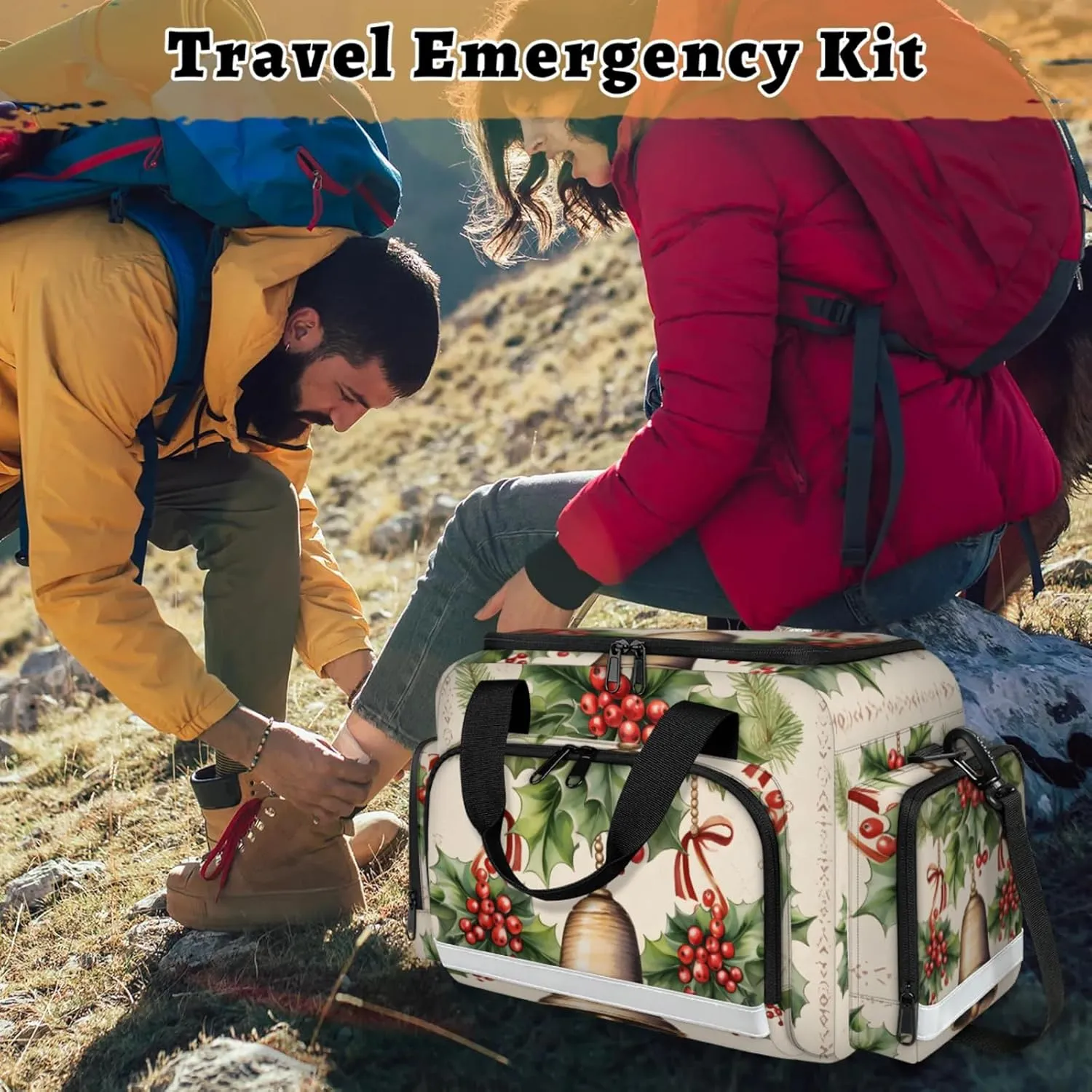 Anti-Scratch Duffle Bag for Travel 25x17.7x11.2 Inch - Waterproof Duffel Bag for Camping Fitness, Durable EMS Gear for First Responders Christmas Bell Red Berry