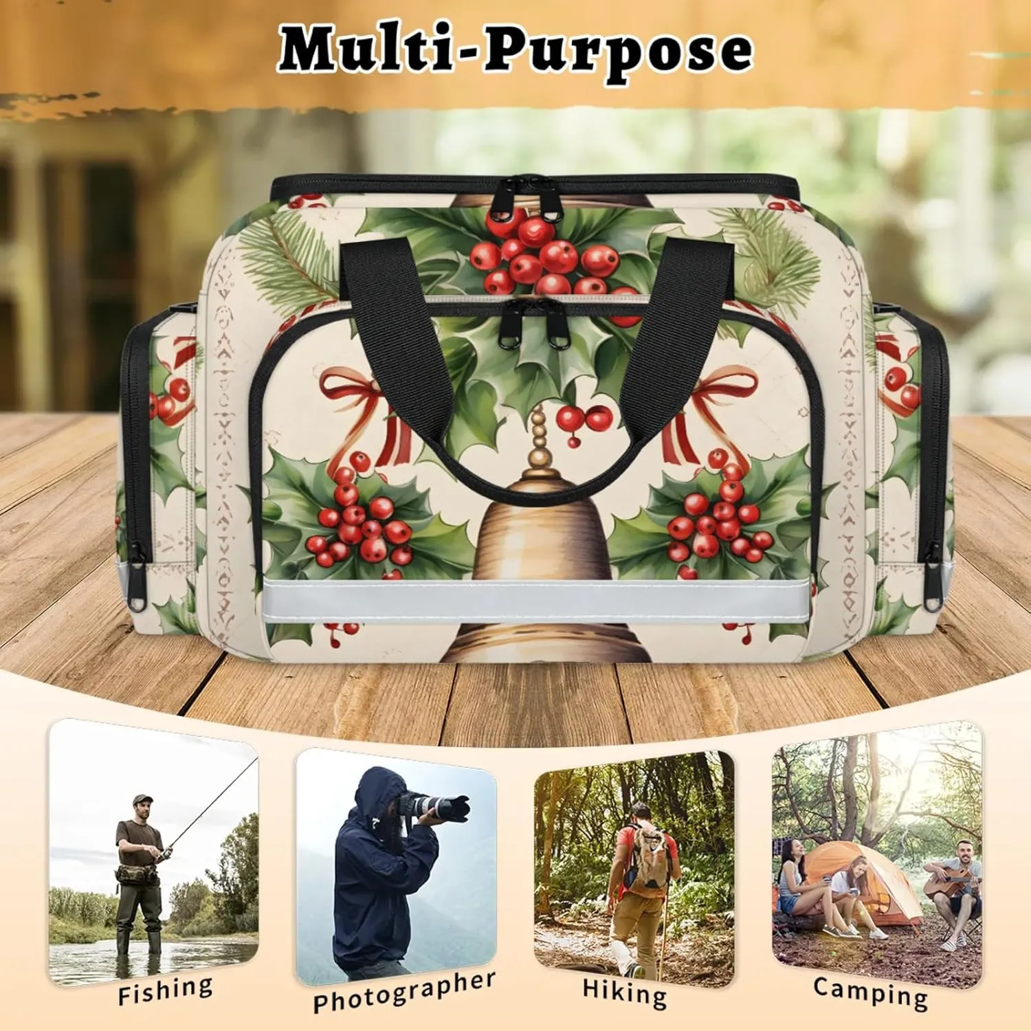 Anti-Scratch Duffle Bag for Travel 25x17.7x11.2 Inch - Waterproof Duffel Bag for Camping Fitness, Durable EMS Gear for First Responders Christmas Bell Red Berry