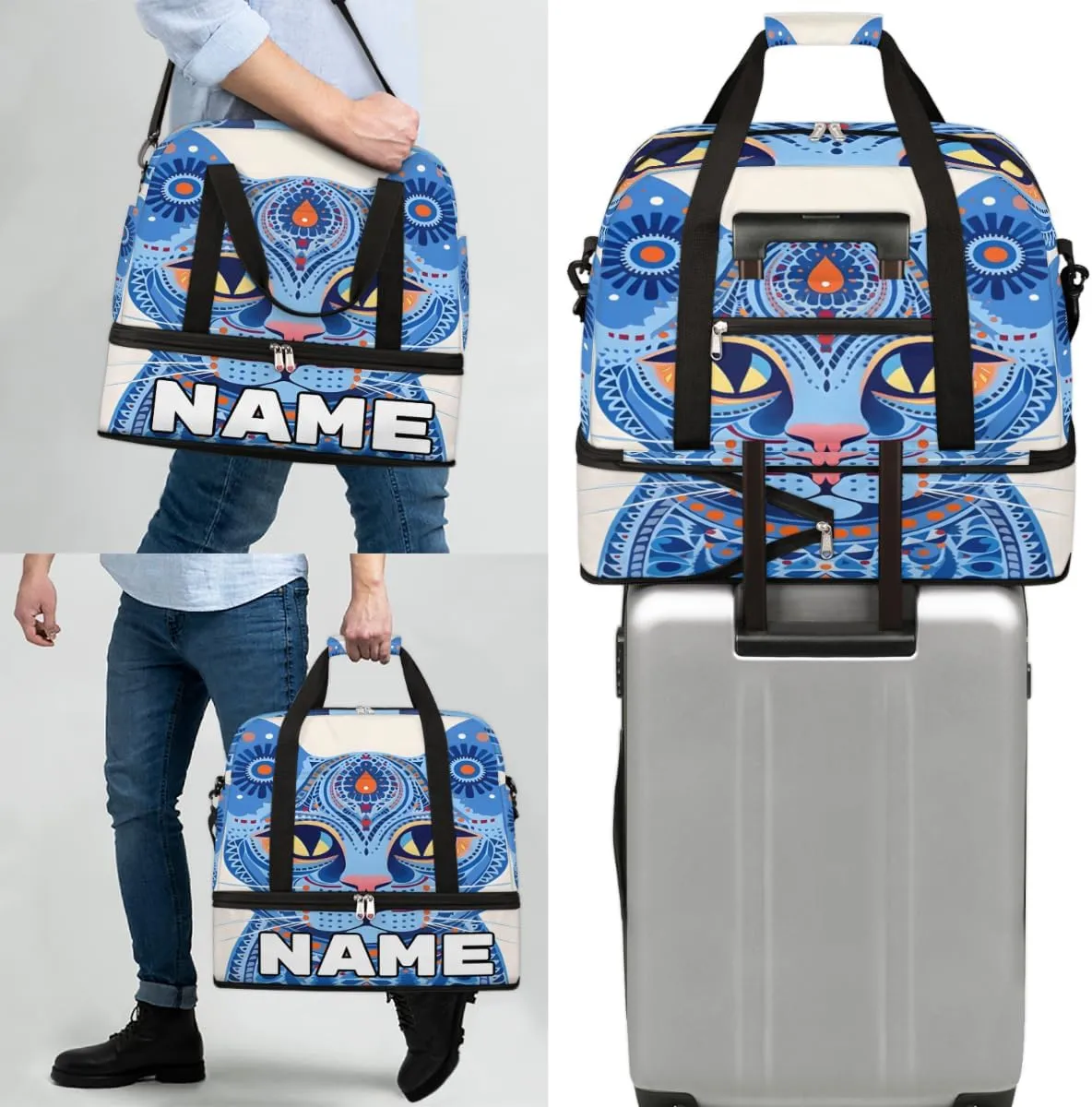 Art Floral Cat Custom Foldable Duffle Bag with Shoes Compartment Personalized Large Capacity Waterproof Travel Weekender Bag Overnight Bag for Sports Gym
