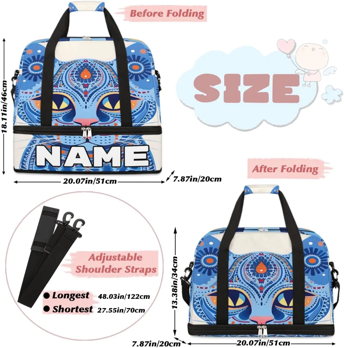 Art Floral Cat Custom Foldable Duffle Bag with Shoes Compartment Personalized Large Capacity Waterproof Travel Weekender Bag Overnight Bag for Sports Gym