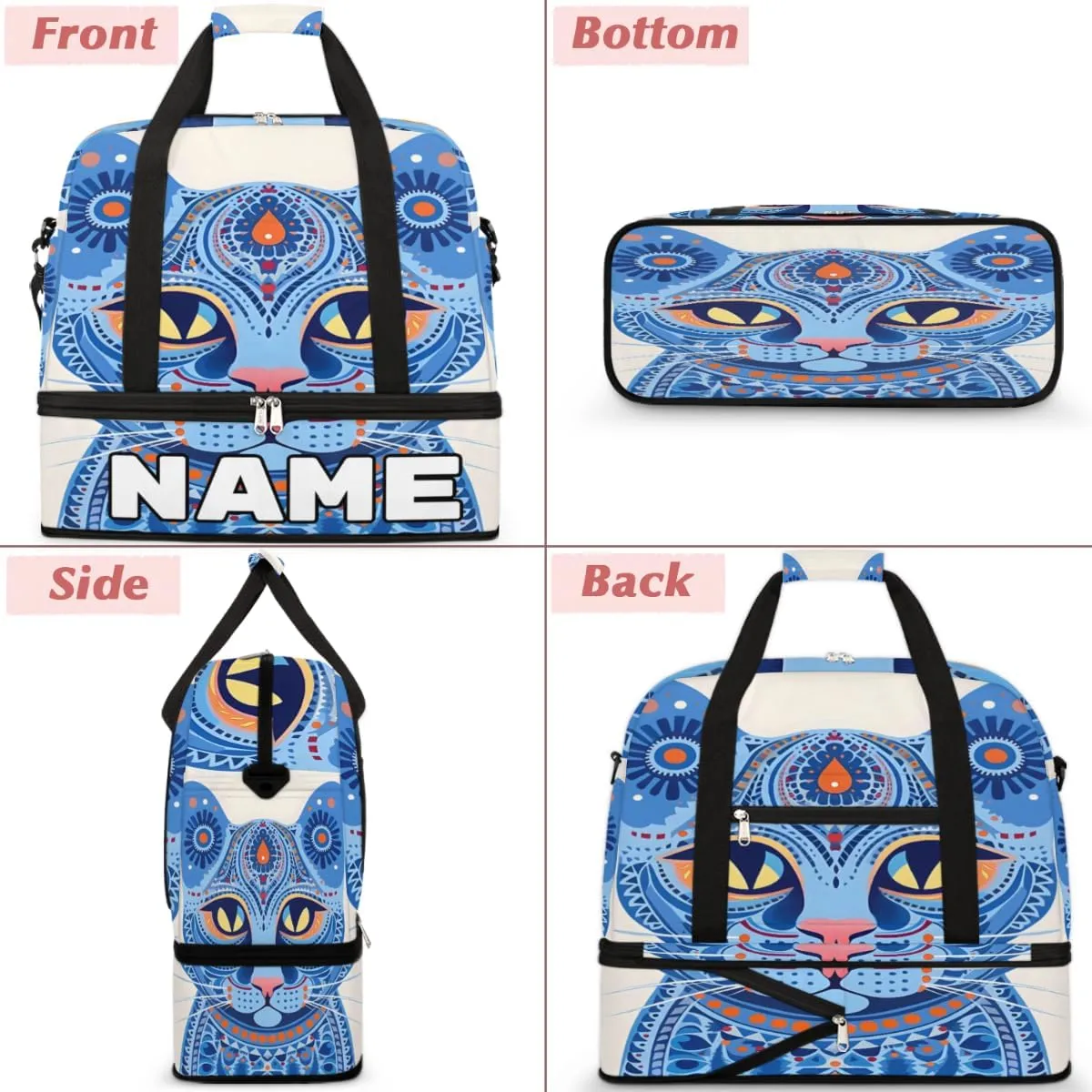 Art Floral Cat Custom Foldable Duffle Bag with Shoes Compartment Personalized Large Capacity Waterproof Travel Weekender Bag Overnight Bag for Sports Gym