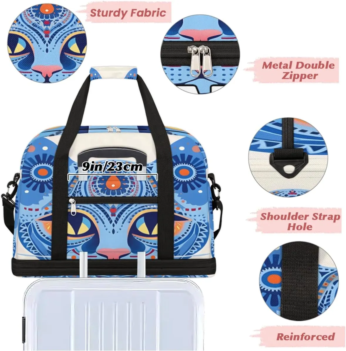 Art Floral Cat Custom Foldable Duffle Bag with Shoes Compartment Personalized Large Capacity Waterproof Travel Weekender Bag Overnight Bag for Sports Gym