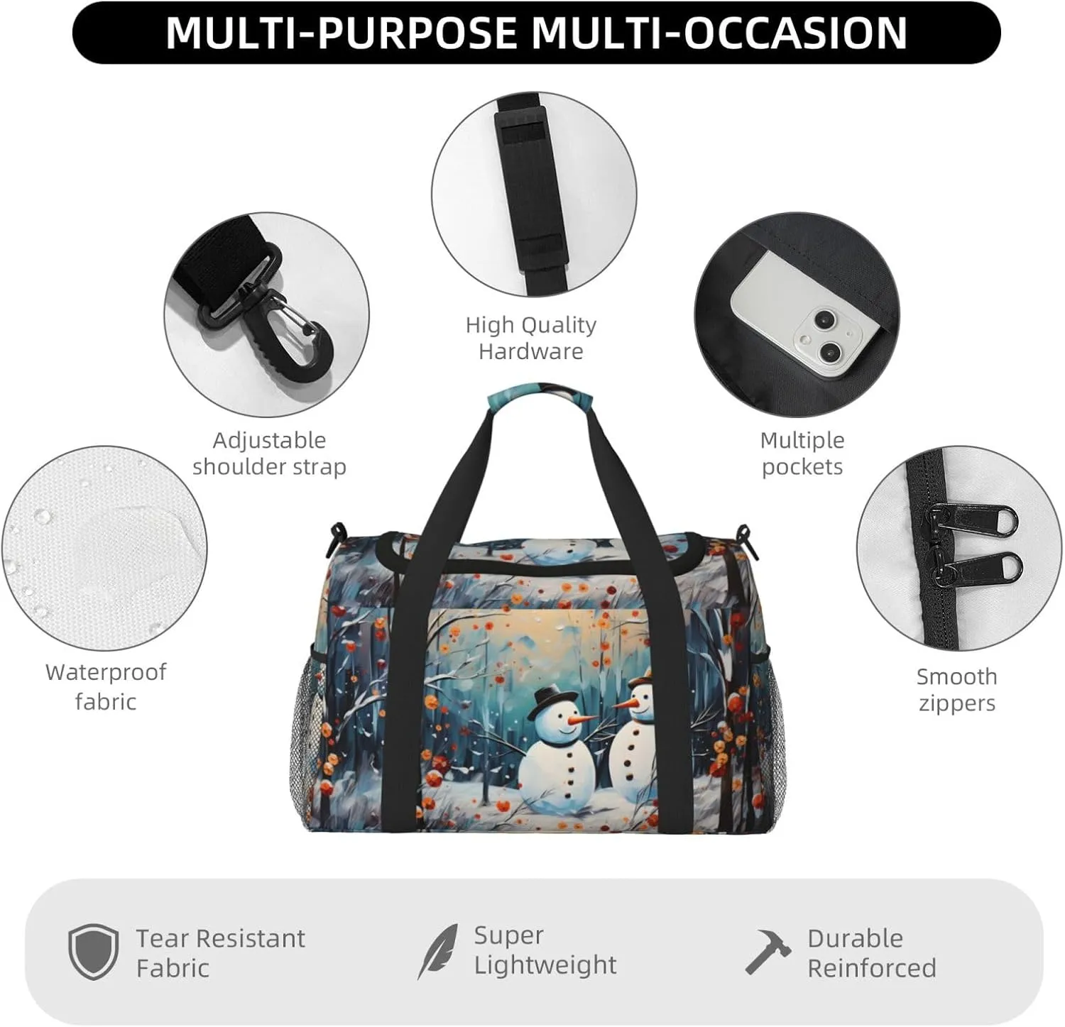 Art Snowman Forest Duffle Bag Foldable Travel Tote Bag Carry On Large Weekender Overnight Bags Waterproof Gym Bag For Women Men