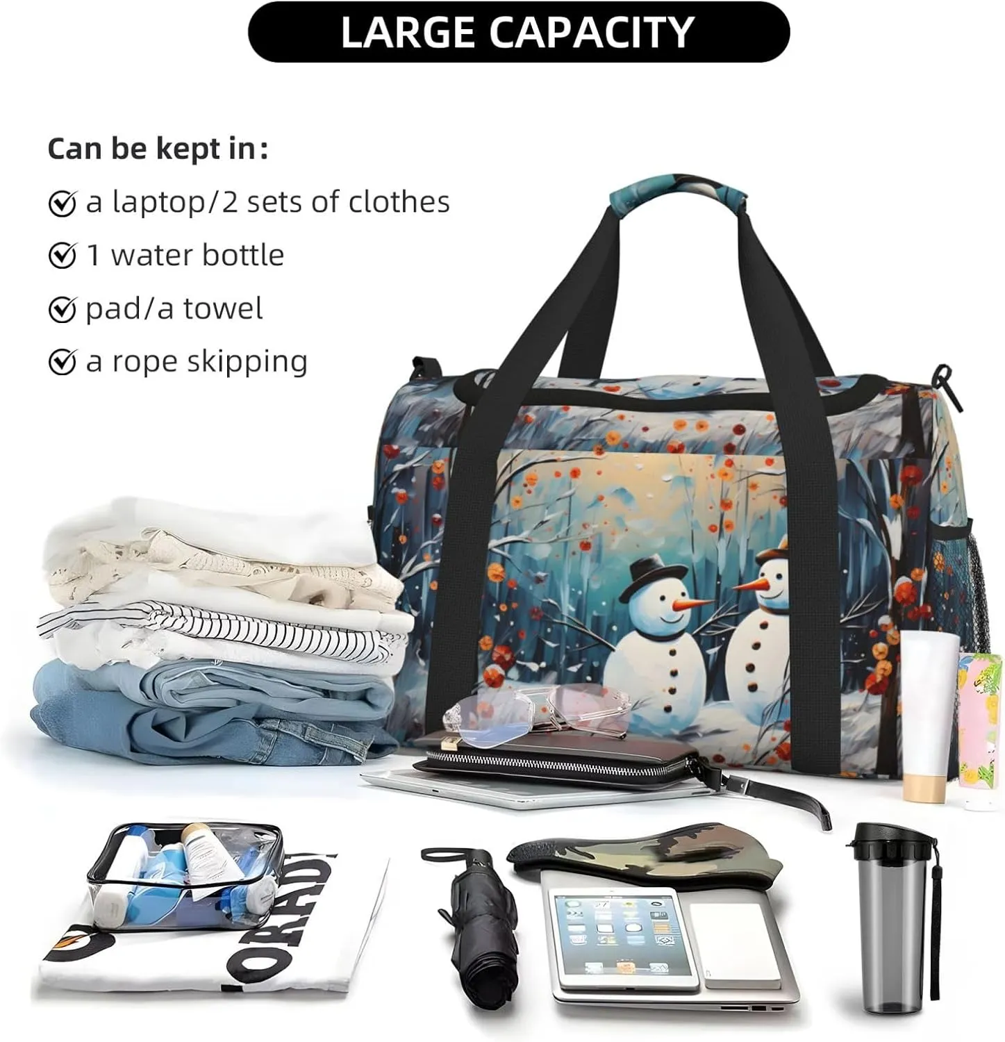 Art Snowman Forest Duffle Bag Foldable Travel Tote Bag Carry On Large Weekender Overnight Bags Waterproof Gym Bag For Women Men