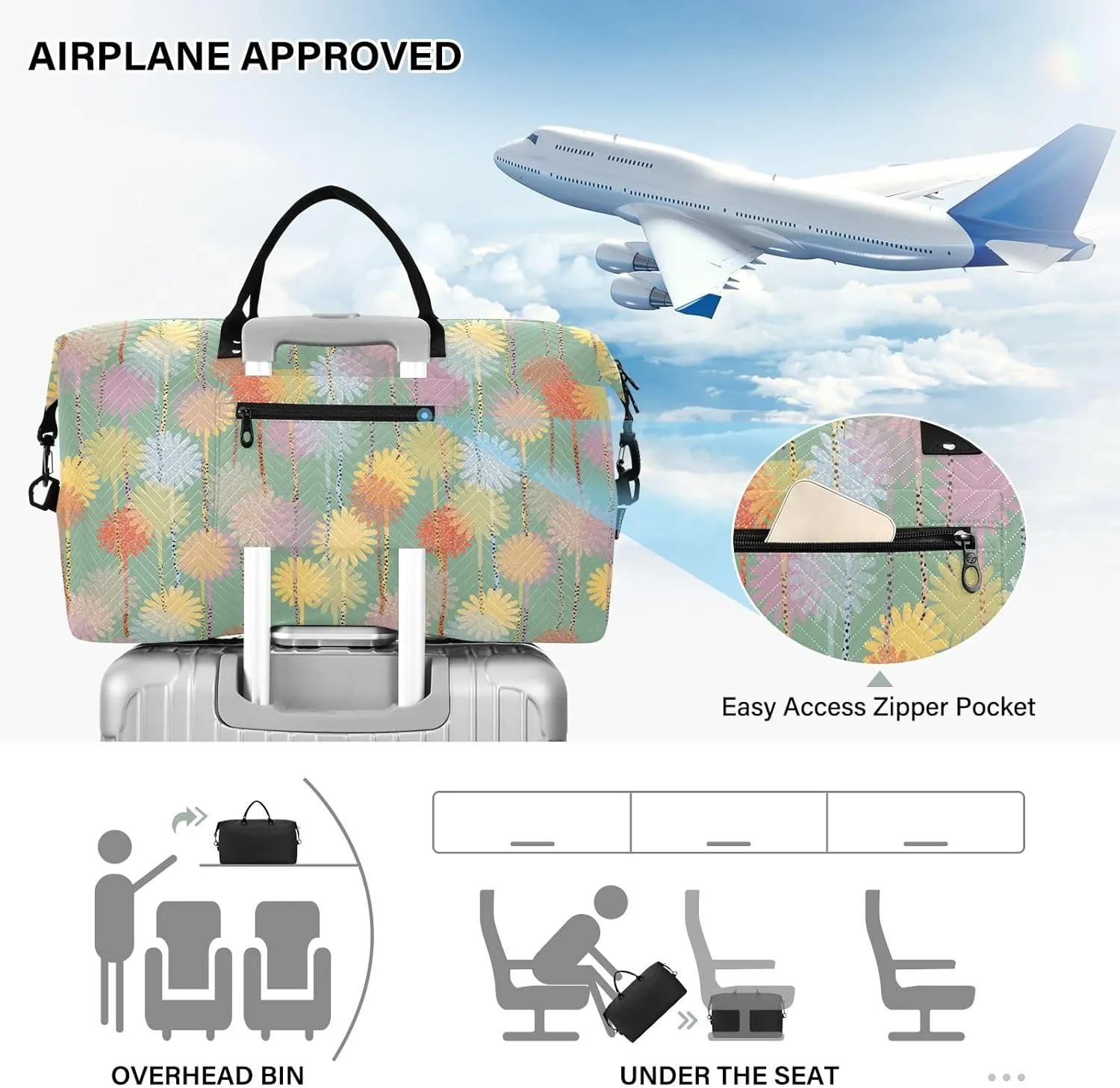 Aslsiy Travel Duffel Bags for Women Cute Polka Dot Flowers Sports Duffel Bags Weekender Bags Gym Bag with Toiletry Bag Carry on Overnight Bag