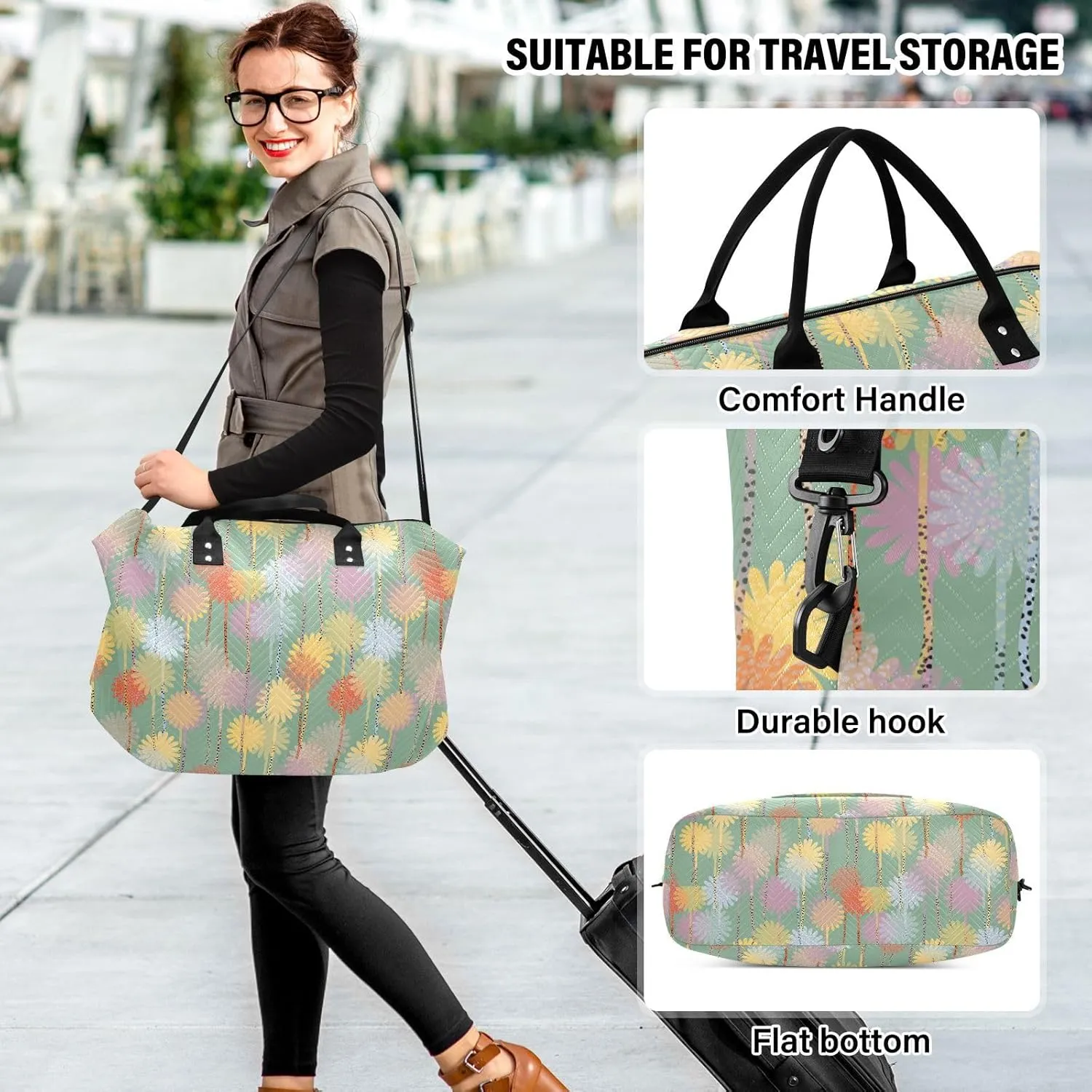 Aslsiy Travel Duffel Bags for Women Cute Polka Dot Flowers Sports Duffel Bags Weekender Bags Gym Bag with Toiletry Bag Carry on Overnight Bag