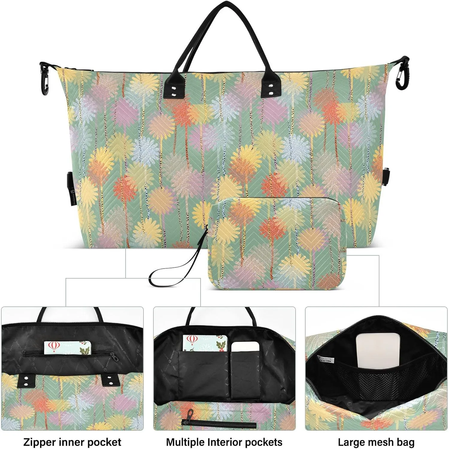 Aslsiy Travel Duffel Bags for Women Cute Polka Dot Flowers Sports Duffel Bags Weekender Bags Gym Bag with Toiletry Bag Carry on Overnight Bag