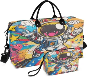 Astronaut Star Speech Colorful Sports Gym Bag for Women Men Travel Duffel Bag Weekend Overnight Carry on Bag with Toiletry Bag Air Travel Bag for Workout Swimming Yoga Plane Hospital