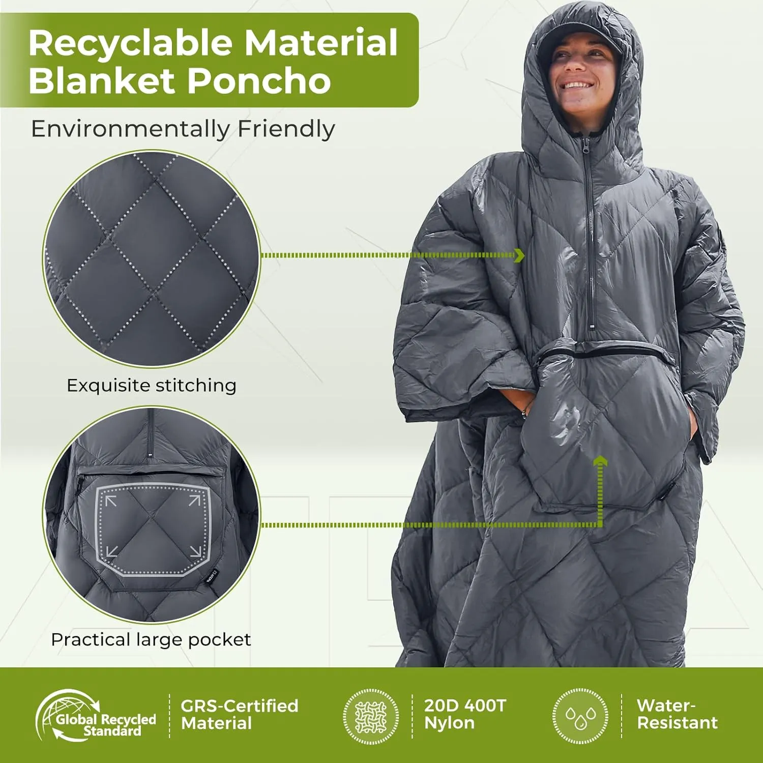 ATEPA Wearable Sleeping Bag, Recycled Stadium Blanket Packable Ultralight Warm Windproof Poncho Camping Outdoor Sports