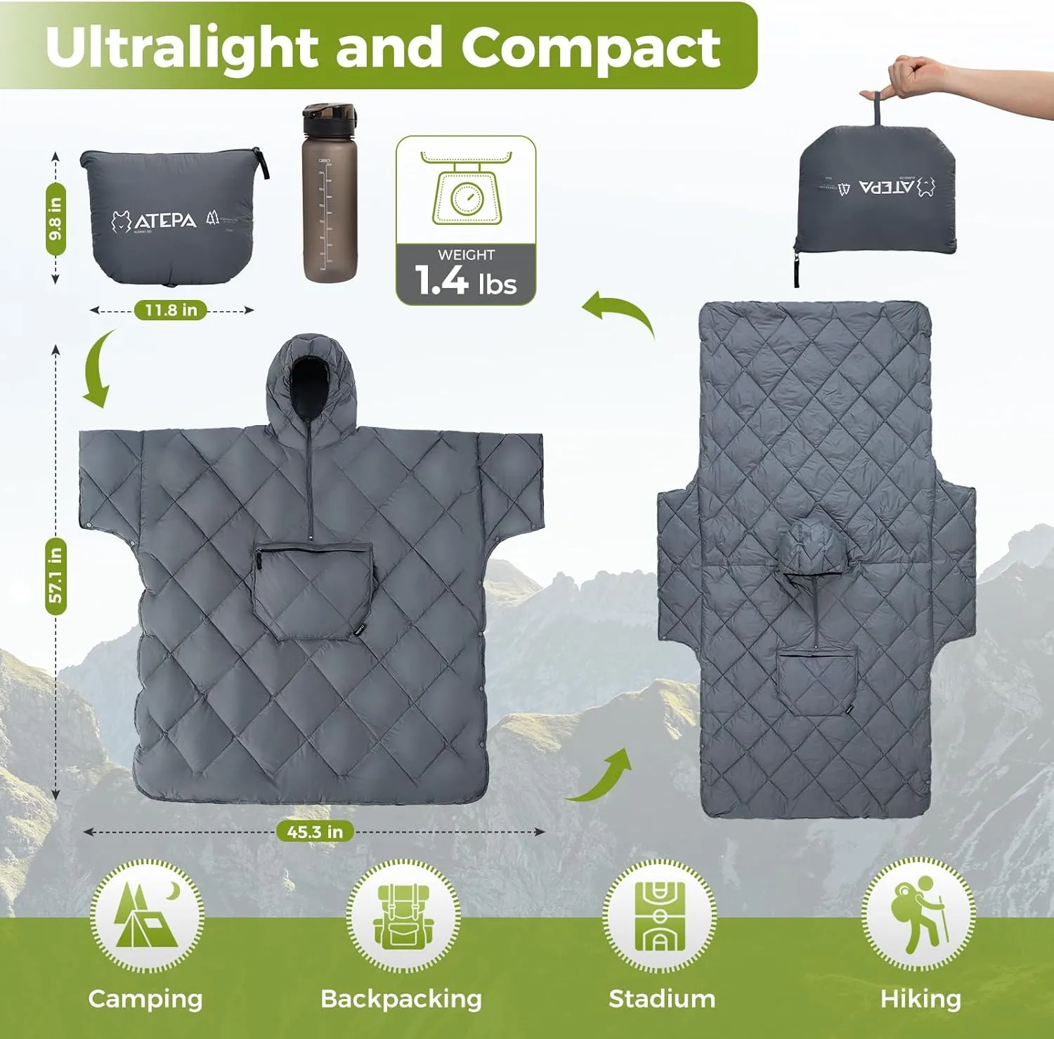 ATEPA Wearable Sleeping Bag, Recycled Stadium Blanket Packable Ultralight Warm Windproof Poncho Camping Outdoor Sports