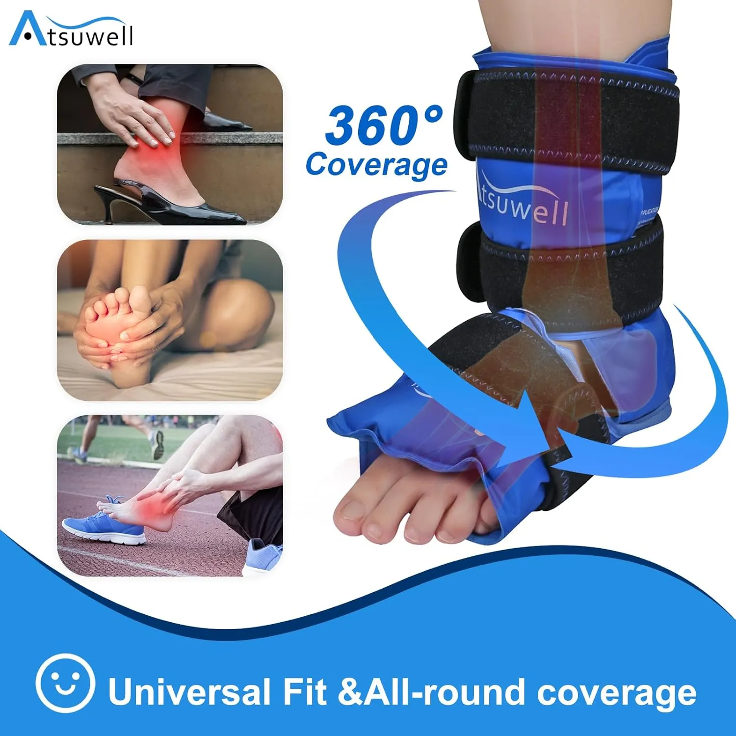 Atsuwell Ankle Ice Pack Wrap 2 Pack, Reusable Ice Packs Ankle Cold Compression, Soft Plush Lining Gel Cold Pack for Foot, Flexible Heel Ice Pack for Men Women