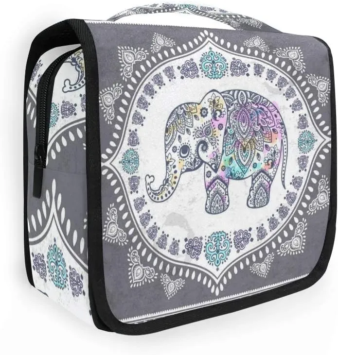 AUUXVA Travel Toiletry Bag Ethnic Elephant Cosmetic Organizer Bag Hanging Makeup Bag with Zipper Pocket and Handle, Portable Wash Bag for Women Men Girls
