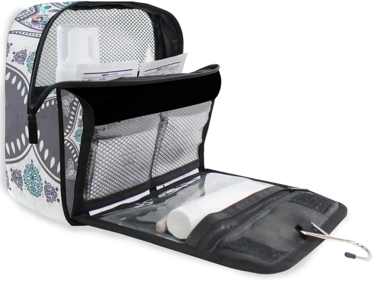 AUUXVA Travel Toiletry Bag Ethnic Elephant Cosmetic Organizer Bag Hanging Makeup Bag with Zipper Pocket and Handle, Portable Wash Bag for Women Men Girls