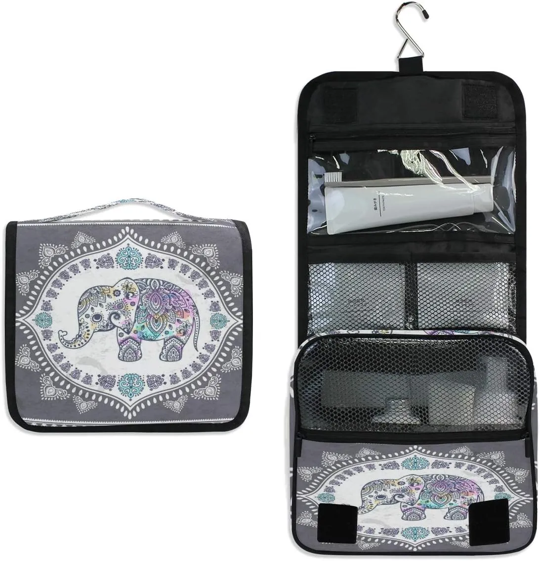 AUUXVA Travel Toiletry Bag Ethnic Elephant Cosmetic Organizer Bag Hanging Makeup Bag with Zipper Pocket and Handle, Portable Wash Bag for Women Men Girls