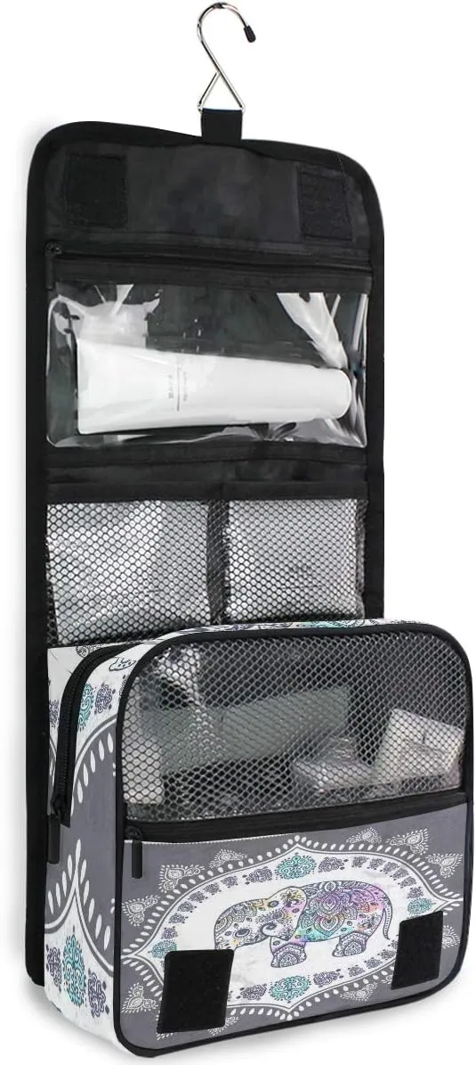 AUUXVA Travel Toiletry Bag Ethnic Elephant Cosmetic Organizer Bag Hanging Makeup Bag with Zipper Pocket and Handle, Portable Wash Bag for Women Men Girls