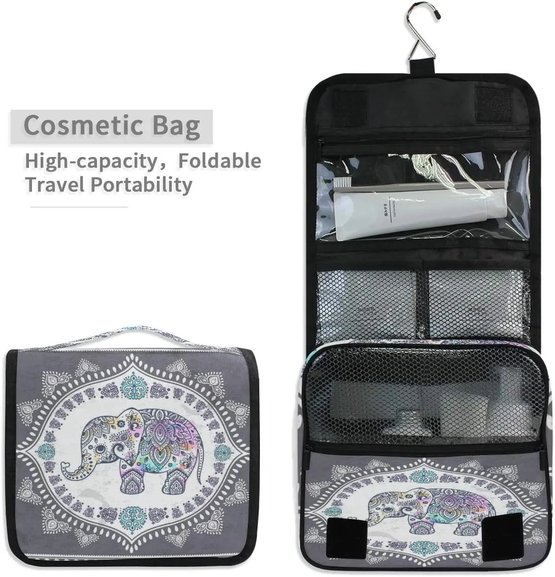 AUUXVA Travel Toiletry Bag Ethnic Elephant Cosmetic Organizer Bag Hanging Makeup Bag with Zipper Pocket and Handle, Portable Wash Bag for Women Men Girls
