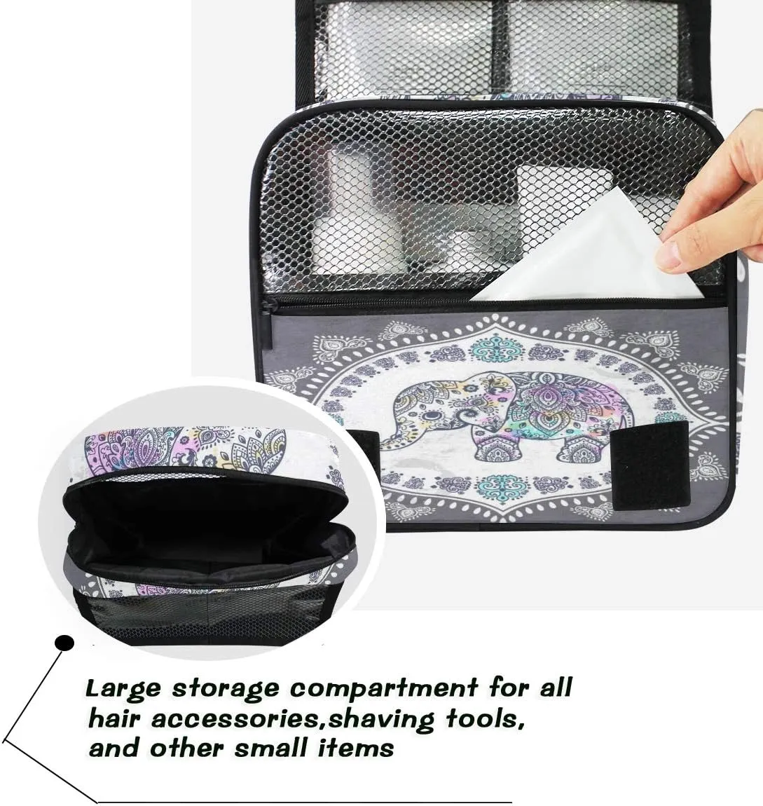 AUUXVA Travel Toiletry Bag Ethnic Elephant Cosmetic Organizer Bag Hanging Makeup Bag with Zipper Pocket and Handle, Portable Wash Bag for Women Men Girls