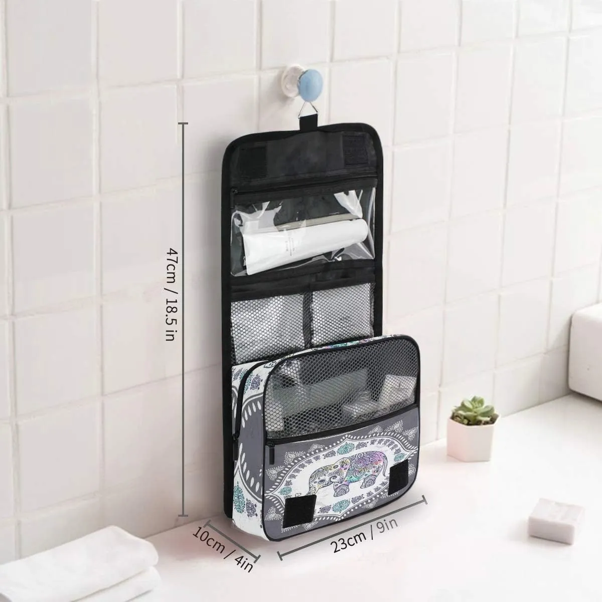 AUUXVA Travel Toiletry Bag Ethnic Elephant Cosmetic Organizer Bag Hanging Makeup Bag with Zipper Pocket and Handle, Portable Wash Bag for Women Men Girls