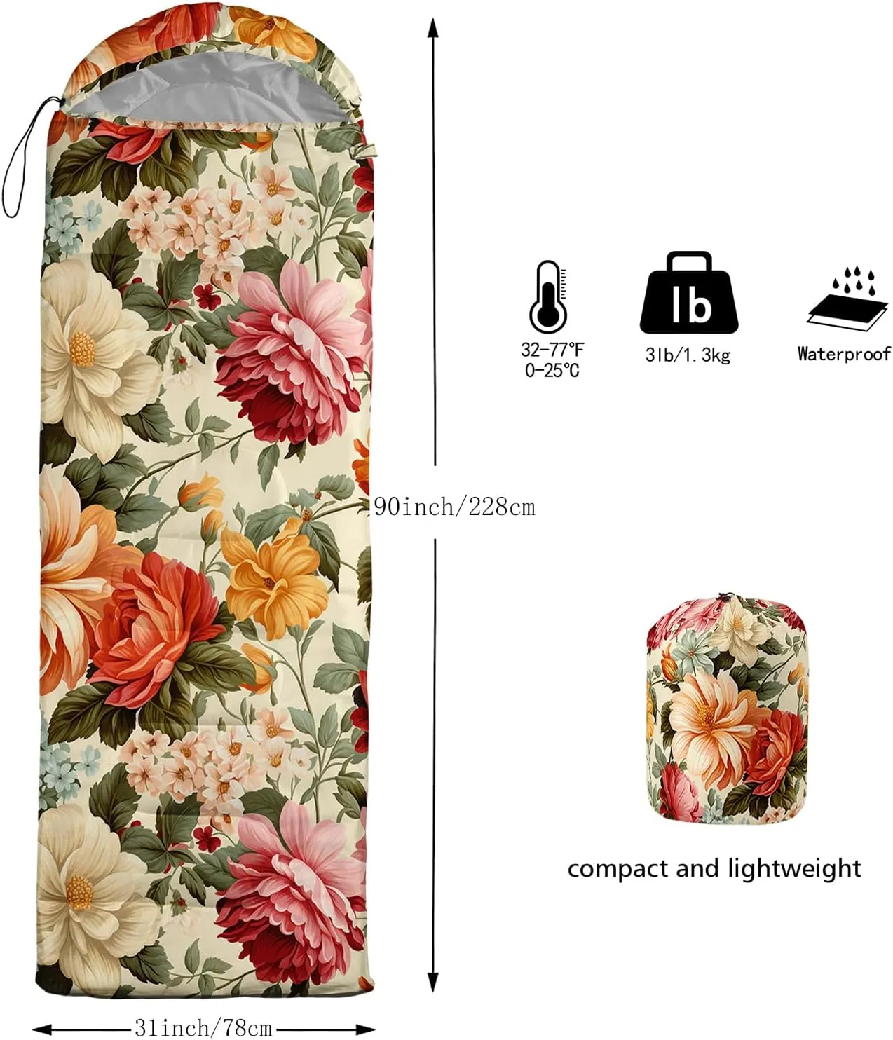 Axolotl Flower Sleeping Bag for Adults,Navy Blue Camping Bag for Girls with Compression Sack,3 Season Waterproof Portable and Lightweight Pink Floral Sleeping Bag for Travelling Outdoor Hiking