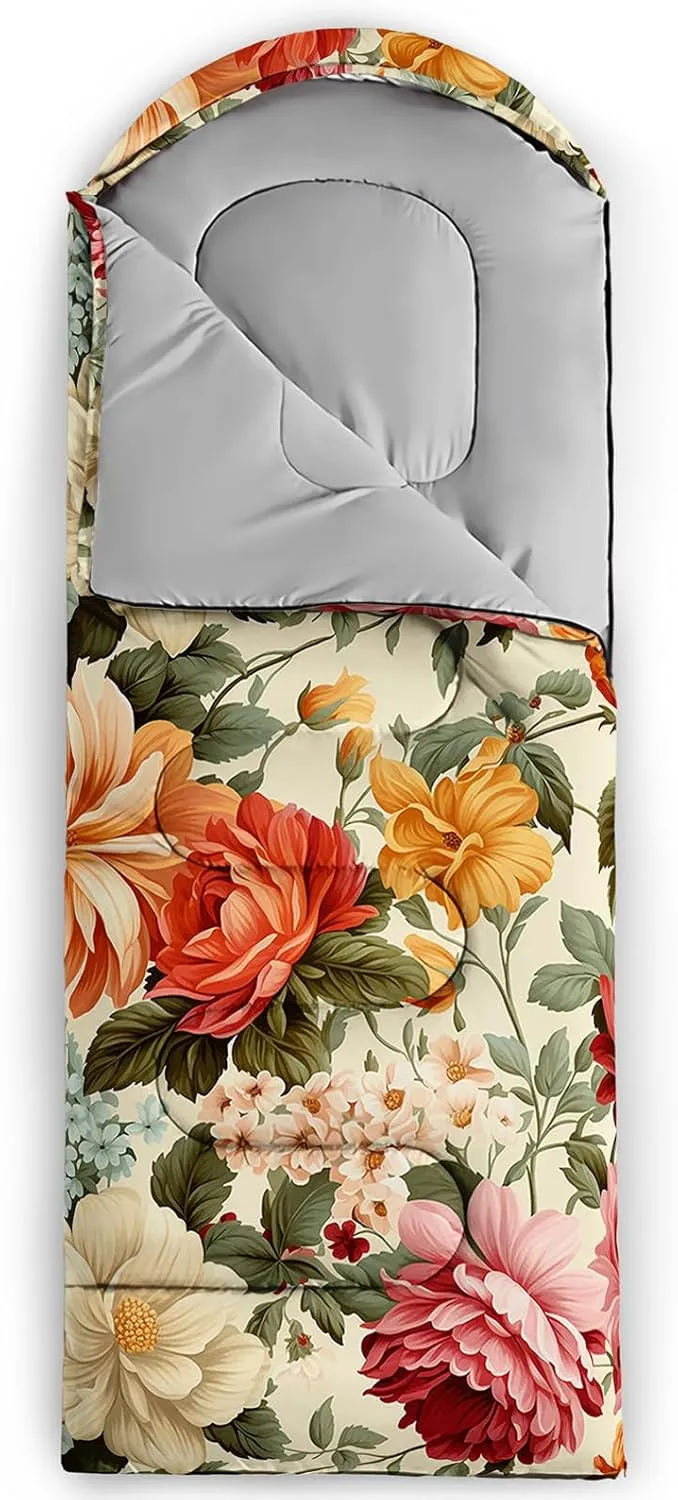 Axolotl Flower Sleeping Bag for Adults,Navy Blue Camping Bag for Girls with Compression Sack,3 Season Waterproof Portable and Lightweight Pink Floral Sleeping Bag for Travelling Outdoor Hiking