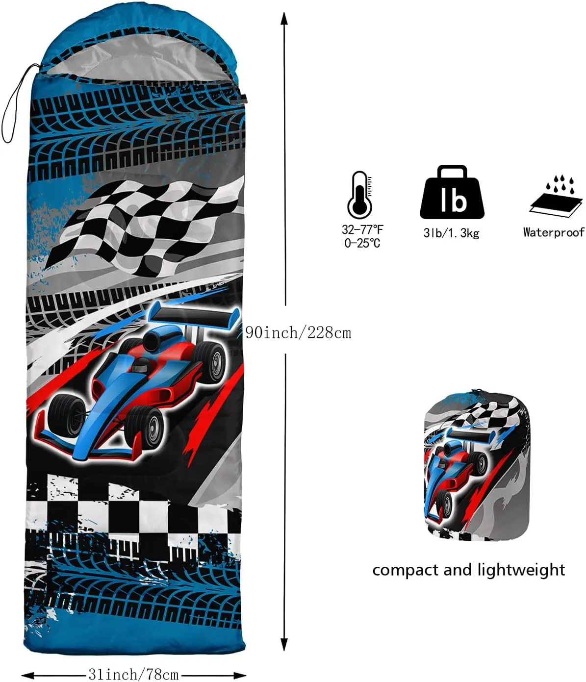 Axolotl Racing Car Sleeping Bag for Boys Men,Extreme Car Camping Bag,3 Season Waterproof Portable Camping Stuff with Compression Sack,Lightweight Compact Camping Gear Equipment for Hunting Travelling