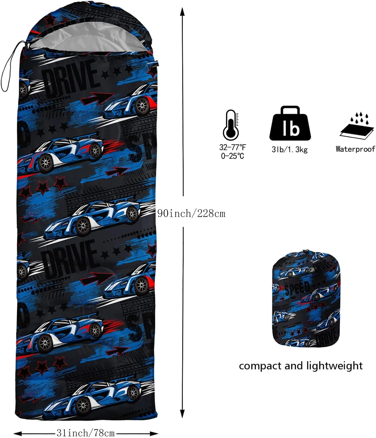 Axolotl Racing Car Sleeping Bag for Traveling,Cool Car Backpacking Camping Bag for Boys Men,Waterproof Portable Camping Stuff for 3 Season,Lightweight Compact Camping Gear Equipment Hunting Adventure
