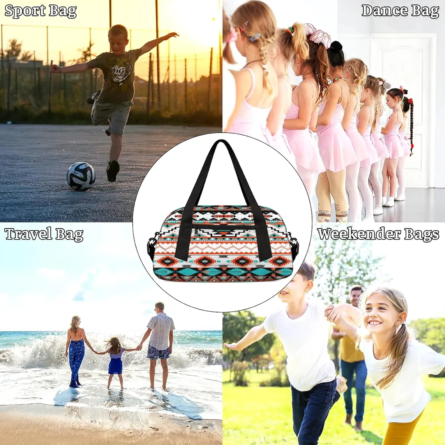 Aztec Tribe Pattern Kids Duffel Bag Lightweight Waterproof Sports Gym Bag with Front Zipper Pocket Foldable Weekender Overnight Bag for School Practice Gymnastic Ballet