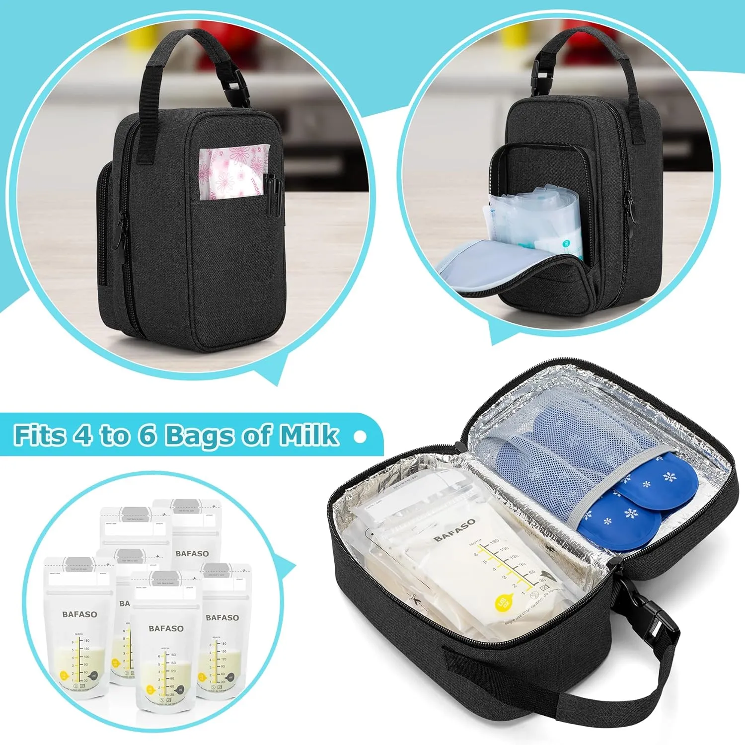 BAFASO Insulated Breastmilk Cooler Bag with 4 Gel Ice Packs, Breastmilk Cooler Fits 6 Bags of Breastmilk, Black