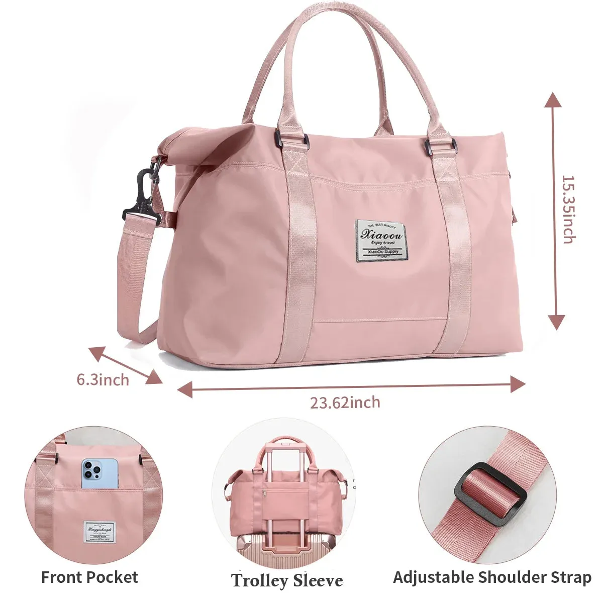 Bag Seamless integration with for Pocket, Duffle Strap Shoulder Waterproof Gym Tear-Resistant Women, W/Adjustable Weekender 37L Pink Bag Trolley & Wet/Dry First-dibs sale Sleeve, Carry-On Bag Approved Airline Travel