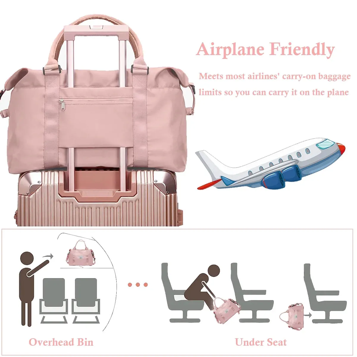 Bag Seamless integration with for Pocket, Duffle Strap Shoulder Waterproof Gym Tear-Resistant Women, W/Adjustable Weekender 37L Pink Bag Trolley & Wet/Dry First-dibs sale Sleeve, Carry-On Bag Approved Airline Travel