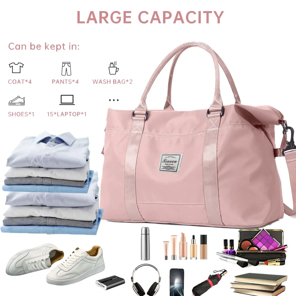 Bag Seamless integration with for Pocket, Duffle Strap Shoulder Waterproof Gym Tear-Resistant Women, W/Adjustable Weekender 37L Pink Bag Trolley & Wet/Dry First-dibs sale Sleeve, Carry-On Bag Approved Airline Travel