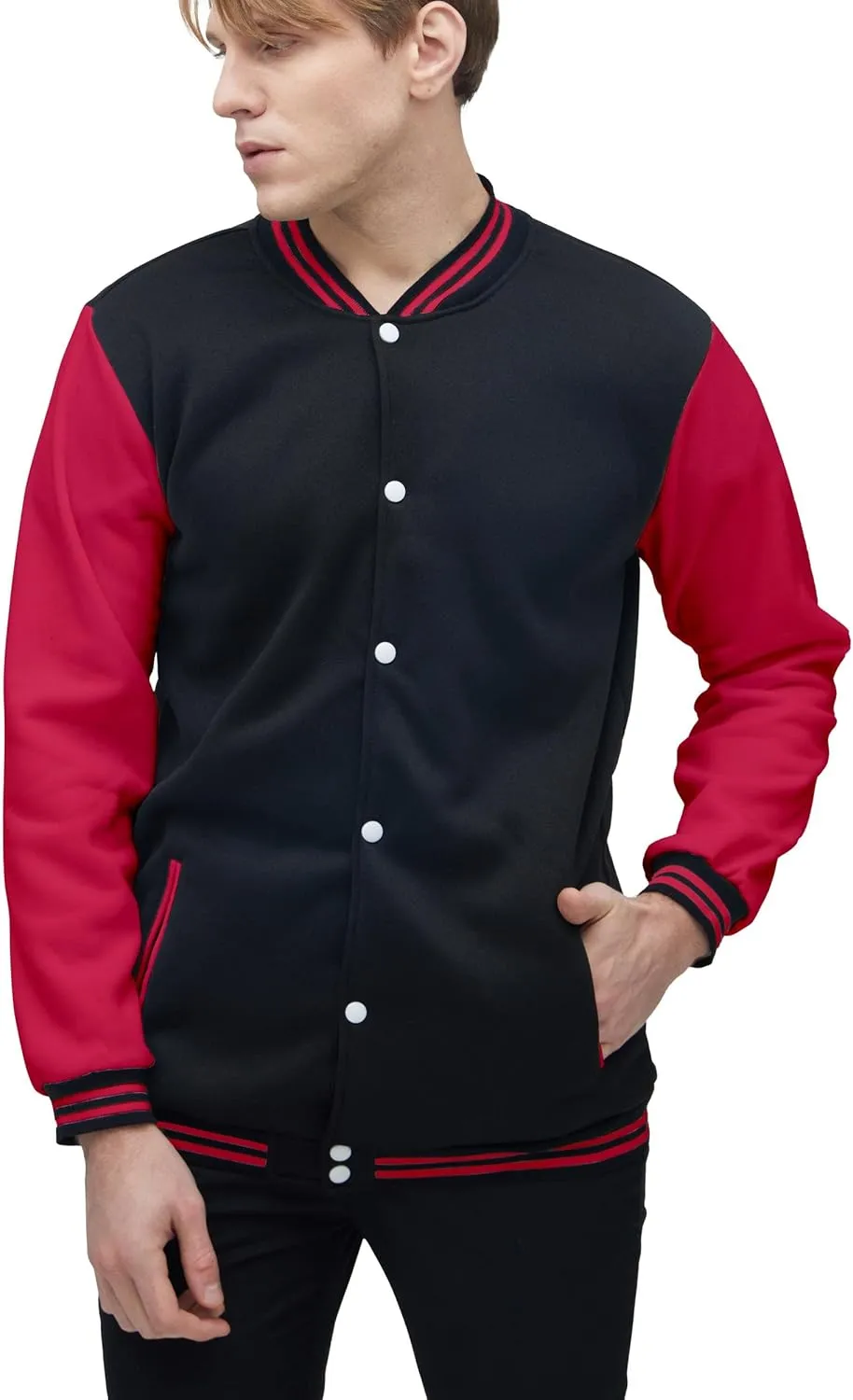 BAICAIYU Men's Baseball Varsity Jacket Hooded Button Closure Coat Fashion Leather Sleeve Letterman Bomber Top