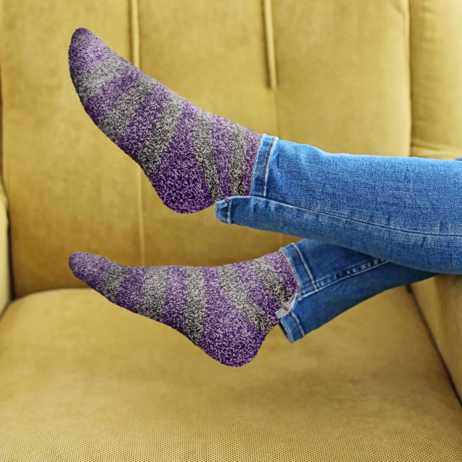 BambooMN Women's Soft Fuzzy Warm Cozy Striped Solid Socks - 4 Pair Value Packs