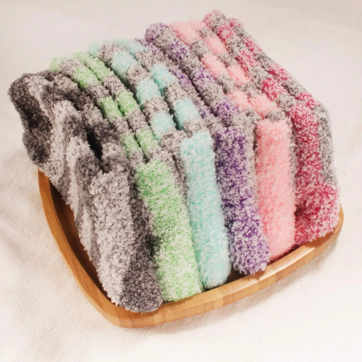 BambooMN Women's Soft Fuzzy Warm Cozy Striped Solid Socks - 4 Pair Value Packs