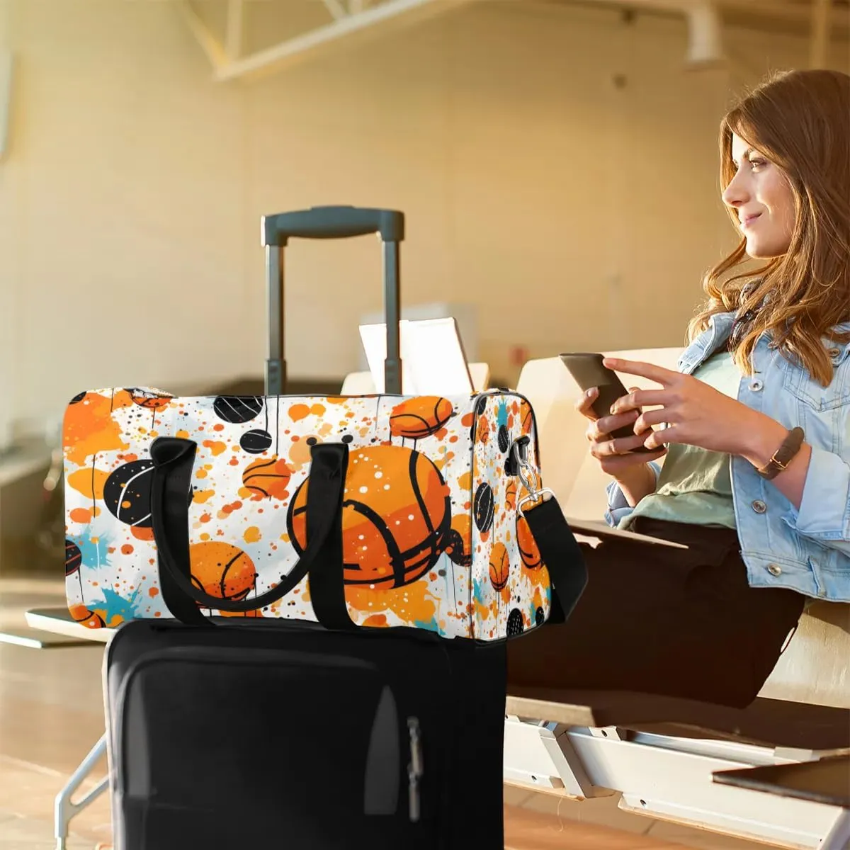 Basketball Colorful Travel Duffel Bag for Women Men Waterproof Foldable Overnight Weekender Bag Large Capacity Sports Gym Bag
