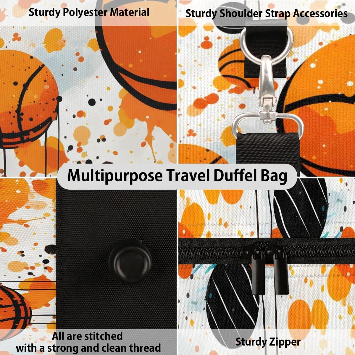 Basketball Colorful Travel Duffel Bag for Women Men Waterproof Foldable Overnight Weekender Bag Large Capacity Sports Gym Bag